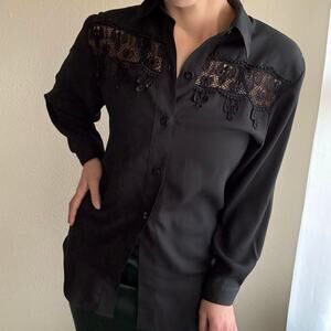 Vintage ESCAPADE Black Lace Button-Up boho western retro grandma rodeo granny
